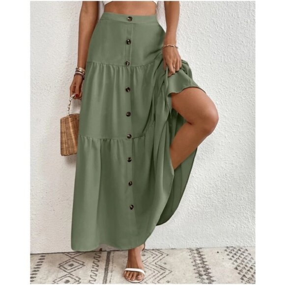 Solid High Waist Button Detail Ruffle Hem Maxi Skirt - Picture 1 of 2